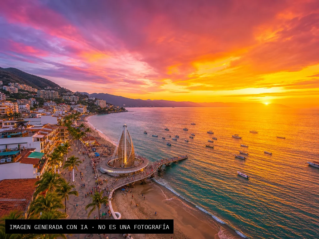 Imagen generada con IA (ChatGPT) a partir del mismo prompt. No es una fotografía de Puerto Vallarta.